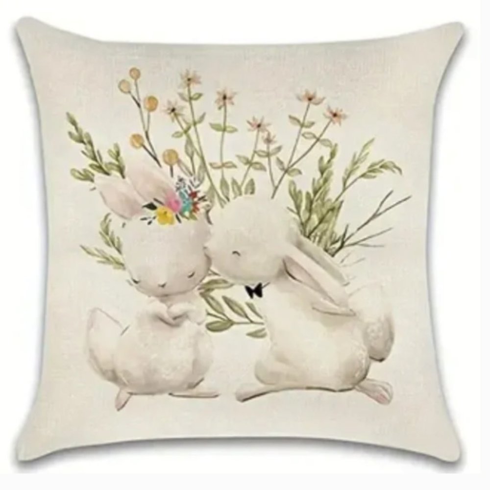 NEW LINEN BLEND EASTER/NURSERY BUNNY RABBITS HOME DECOR PILLOW COVER 17.7"